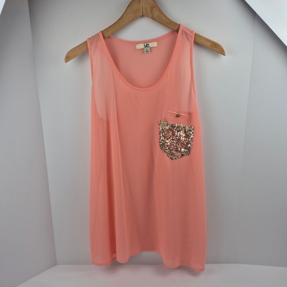 Ya Los Angeles Peach Sequin Pocket Sleeveless Tank Top Silk Blend Women's Size L